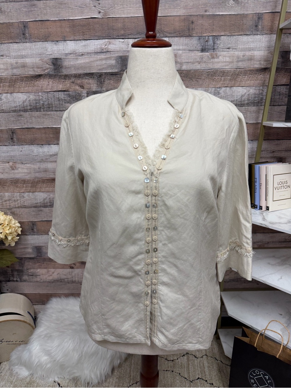 Tribal Cream/Tan V-neck 3/4 sleeve w/ Button & Fringe